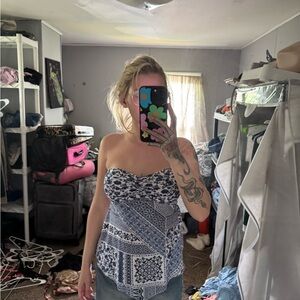 Blue and White Women's Strapless Top